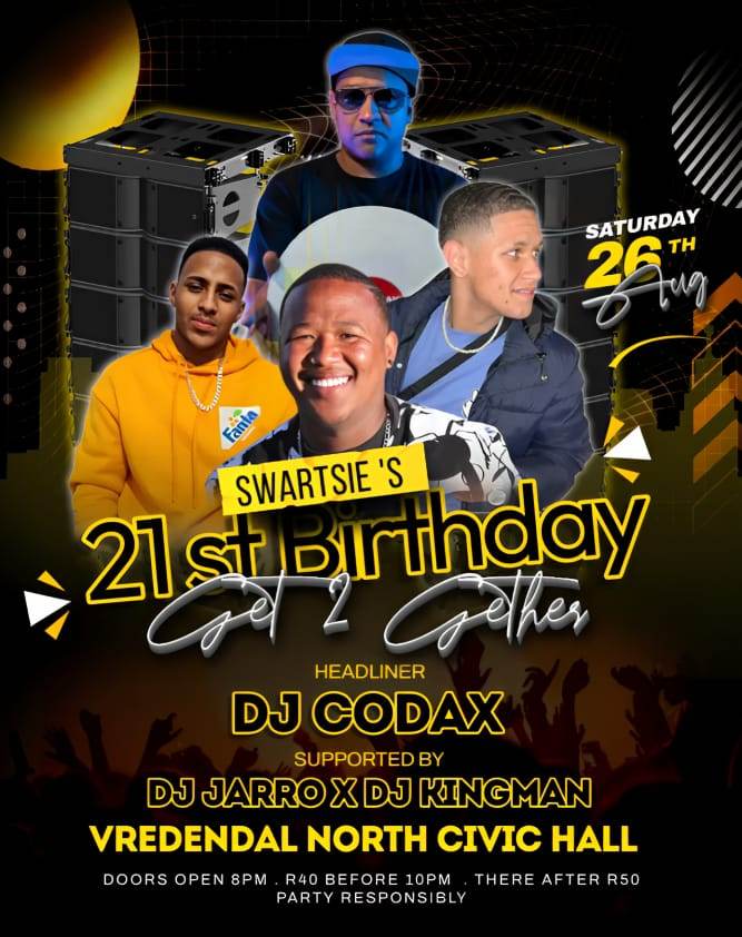 21st Birthday Party 🎂
Vredendal North Civic 🏛️
Saturday 26 August 2023 🕗
#djcodax #djjarro #djkingman #swartsie #21stbirthday #civichall #vredendal #north