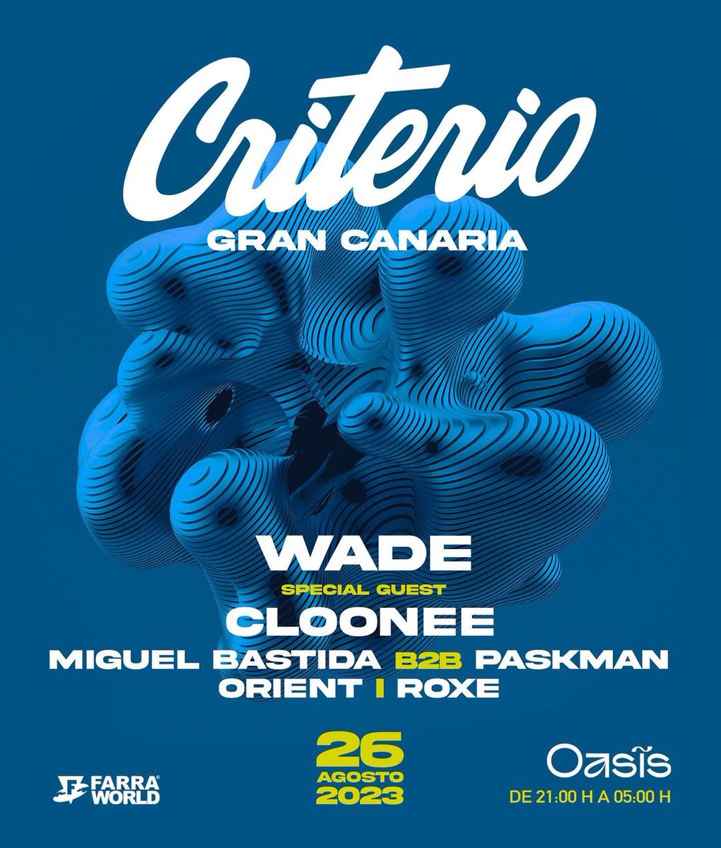 🚨El próximo 26 de agosto desde las 21:00, será la primera edición del Festival Criterio en Gran Canaria🏝️el cual contará con la presencia del sevillano Wade y el británico Cloonee como cabezas de cartel, así como las sesiones de Miguel Bastida, Paskman, Orient y Roxe.