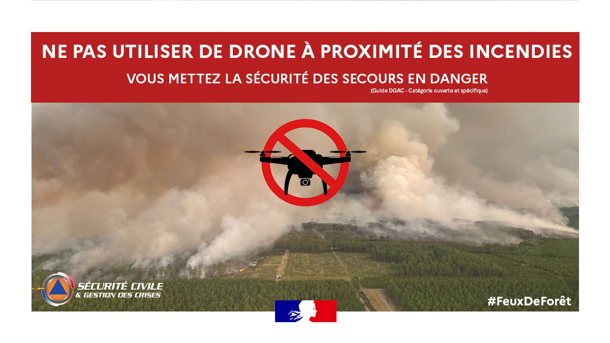 #MardiConseil 🚫 Il est formellement interdit d'utiliser un drone à proximité d'une opération de secours, notamment lors de #FeuxDeForêt.

⚠️ Vous mettez en danger la sécurité des équipages des moyens aériens ainsi que celle des personnels sur le terrain.

➡️ Soyez responsables !