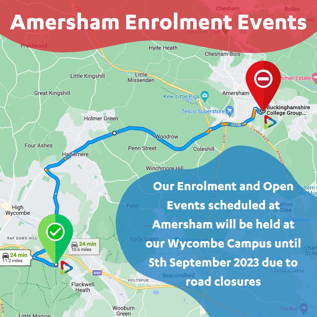 Due to road closures our upcoming Amersham Campus enrolment events will now be held at the Wycombe Campus. Booking is open here- pulse.ly/9ufbbaygwx We are sorry for any inconvenience this may cause you.