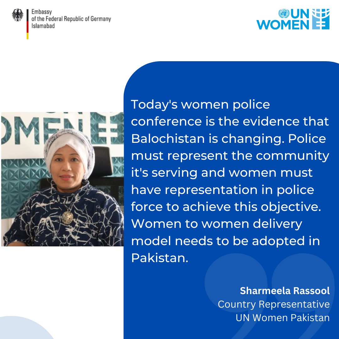 unwomen_pak's tweet photo. "Creating an enabling environment for women police personnel is crucial for increasing women in police" - @Sha_Rassool, Country Representative UN Women Pakistan.

@GermanyinPAK @UNinPak https://t.co/W1f40s03de