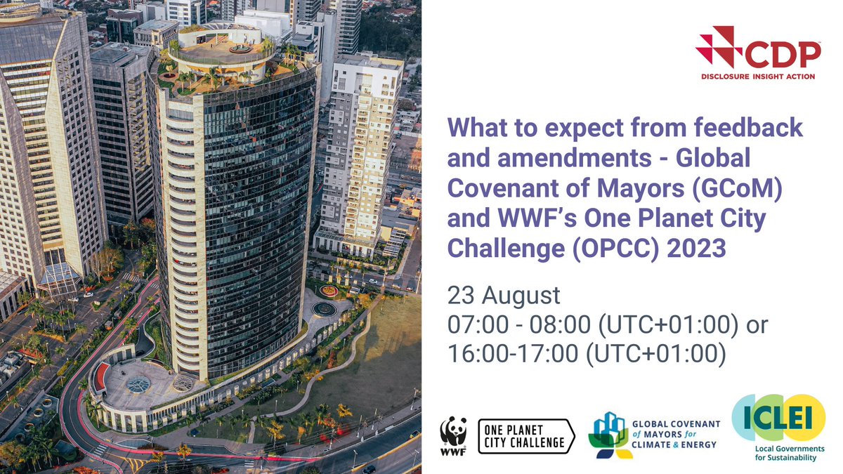 CDP's tweet image. Join us to learn about the feedback and amendment process, how to qualify for @Mayors4Climate  and participating in @WWF #OnePlanet City Challenge.  #Cities4Climate

1st session: ow.ly/21kl50PtXKr
  
2nd session: ow.ly/JbFq50PtXQ4

#OPCC #SustainableCities