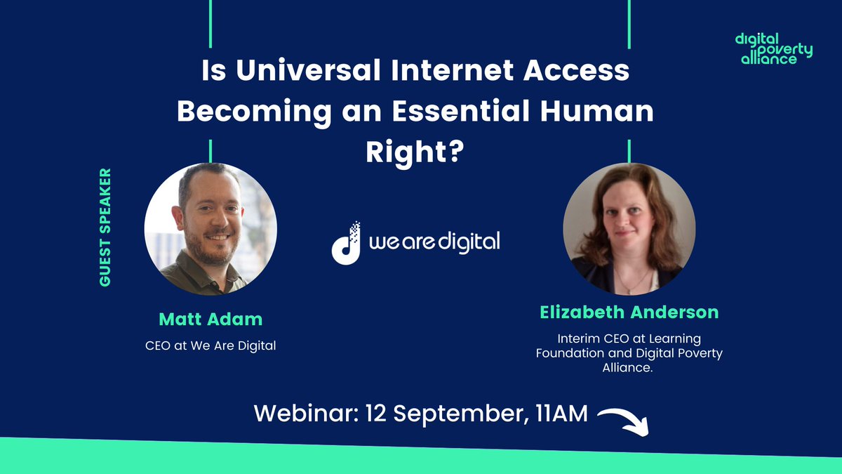 Join us on #EndDigitalPovertyDay to hear from our CEO and Founder, <a href="/MattAdamWAD/">Matthew Adam</a> and <a href="/DigiPovAlliance/">Digital Poverty Alliance 🧑🏻‍💻👩🏿‍💻👨🏼‍💻</a>'s Interim CEO, <a href="/elizabethdigi/">Elizabeth Anderson</a>, as they discuss how internet access has become an essential part of our lives and the consequences of limited access👉 bit.ly/3E4gNLE