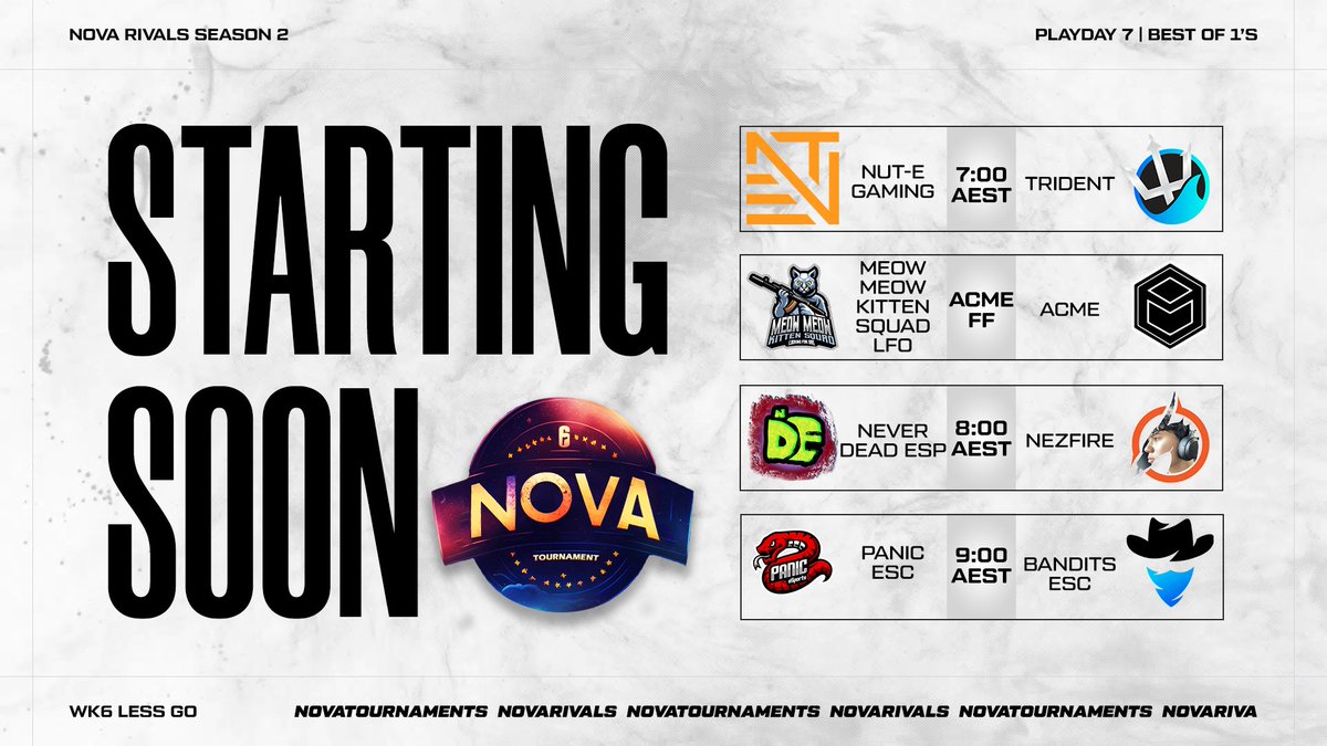 NovaTournament_'s tweet photo. Unfortunately we've had to make an adjustment as ACME have FF'd their match so we have a new line-up for you!!
#NeverDeadESP vs @Nezfire's match has been moved to 8pm https://t.co/lVMYg46lZm