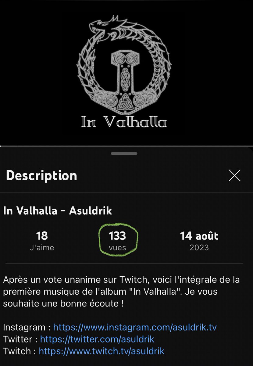 Déjà une semaine que le son est sorti ! Déjà 133 vues sur YouTube Merci à vous !

Disponible aussi sur toutes les plateformes de streaming

Et toi tu l’as écouté ? 
youtu.be/3opUTRRdZ4Q

#music #viking #valhalla #Spotify #AmazonMusic #twitchfr #asuldrik #merci #musique #love