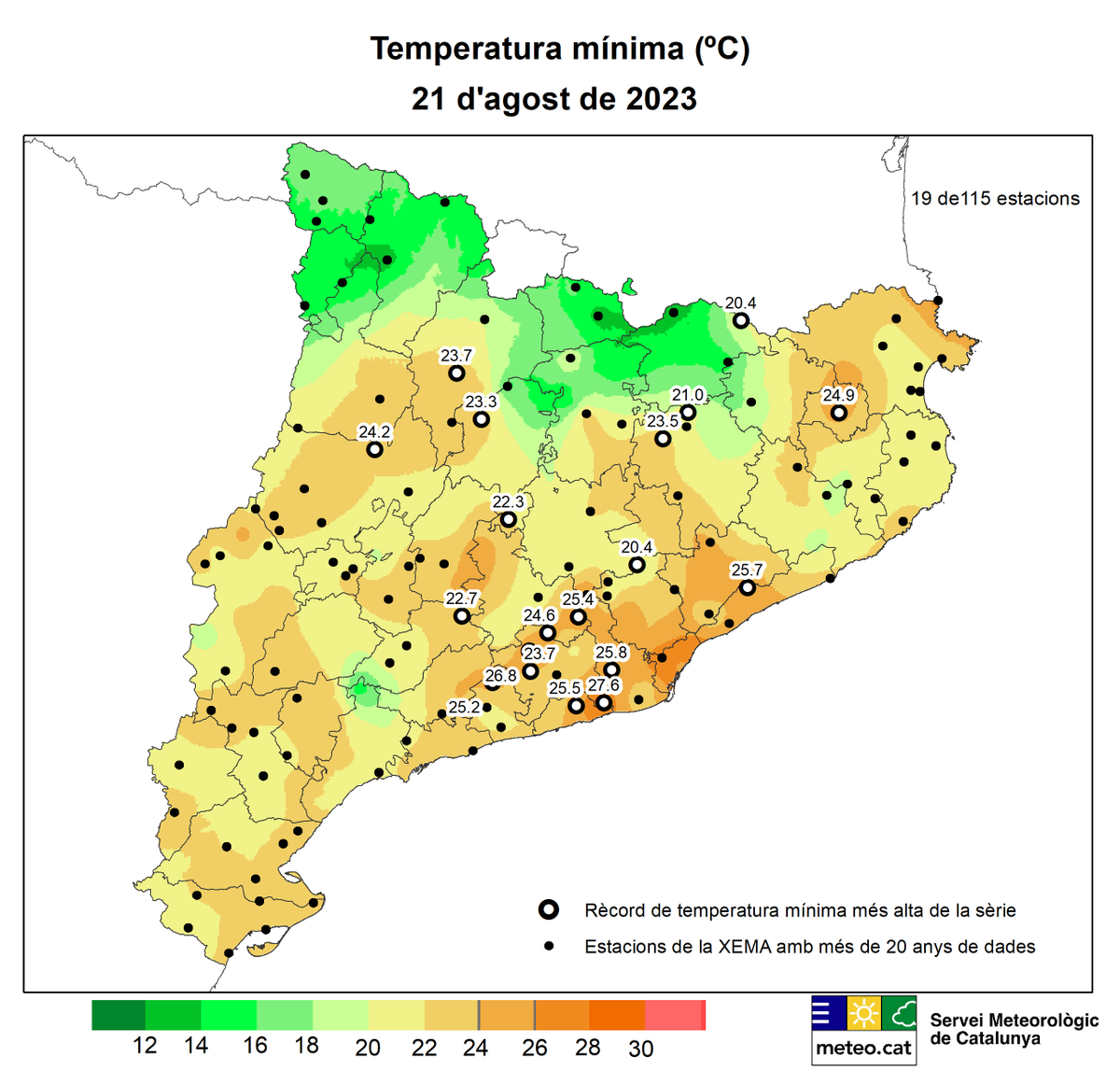 meteocat's tweet photo. La temperatura mínima diària d'ahir dilluns (0-24 h UTC) va ser la més alta de tota la sèrie a 19 de les 115 estacions de la XEMA amb més de 20 anys de dades, situades al litoral i prelitoral Central, sectors elevats de l'interior i Prepirineu. Algunes, per sobre dels 25 ºC. https://t.co/QkIQNp4dqt