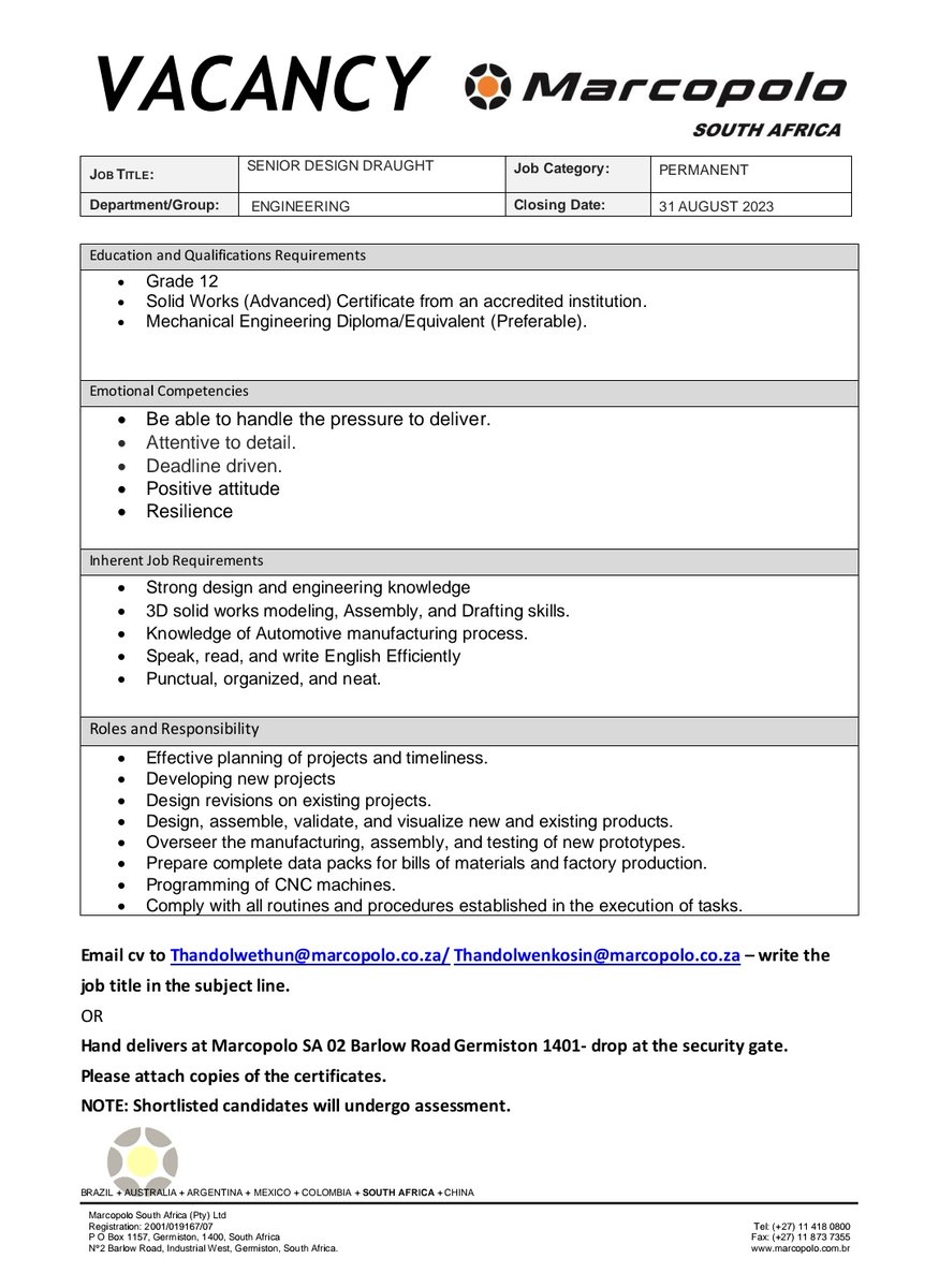 RMakukuli's tweet photo. Marcopolo

📌Senior Designer Draught

Email cv to: Thandolwethun@marcopolo.co.za/Thandolwenkosin@marcopolo.co.za – write the job title in the subject line. https://t.co/9NkjuTeQV2