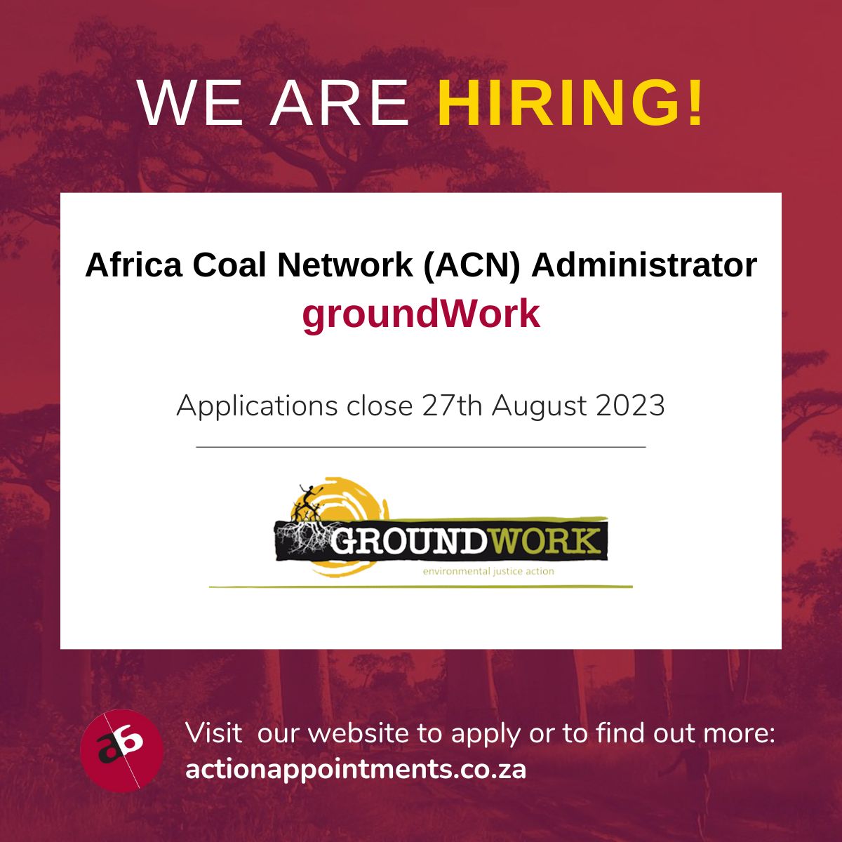 actionappntmnts's tweet photo. VACANCY! Action Appointments is recruiting an Africa Coal Network (ACN) Administrator for groundWork based in Pietermaritzburg / Durban, South Africa.

For more information, visit the link below:
https://t.co/mVJuhzMycy

#hiring #administrator #programmesupport #nonprofits https://t.co/H73SkVb63s