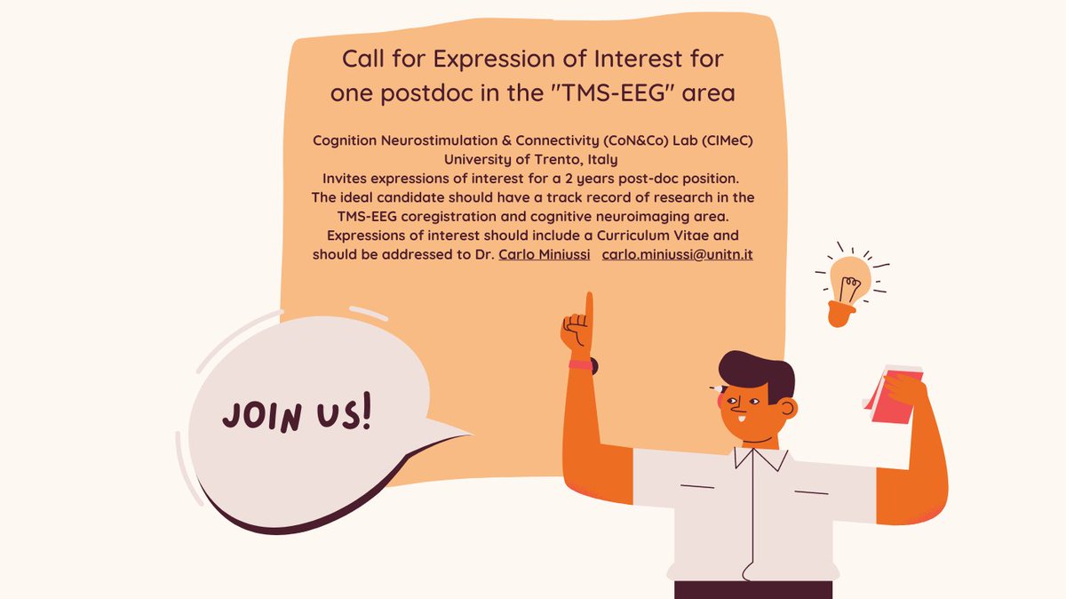 CarloMiniussi's tweet image. Expert in TMS-EEG coregistration and cognitive neuroimaging area🧠❓
CoN&Co Lab (@cimec_unitrento) invites expressions of interest for a 2 years post-doc position‼️