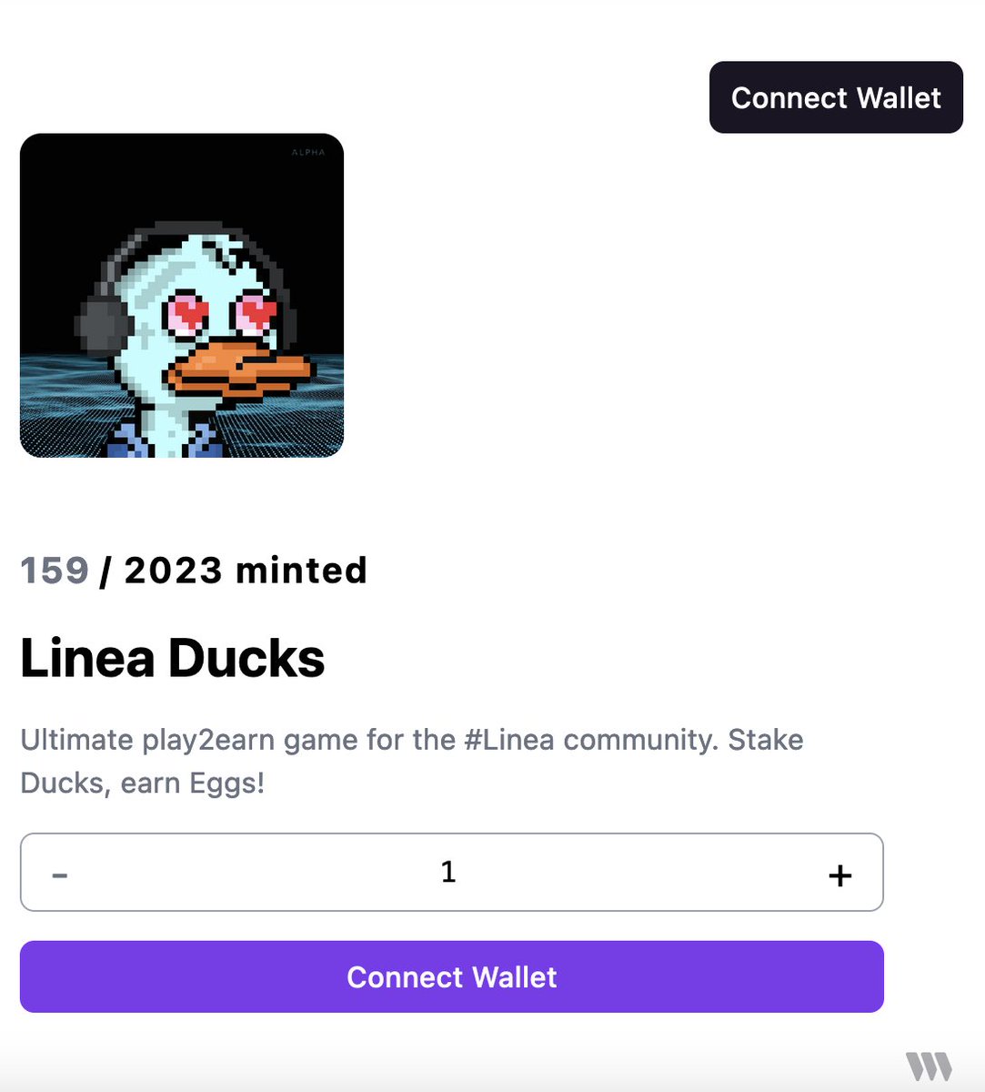 GM peeps!
We are glad to introduce a new project on our platform -  Ulitmate P2E NFT game on <a href="/LineaBuild/">Linea.eth</a> - Duxy @LineaDucks. 
The public mint phase is live now:
nft-starter.xyz/linea-ducks
0.0005 ETH / up to 10 NFTs per wallet.

#NFTDROPS #lineabuild #PlayToEarn #NFTGame