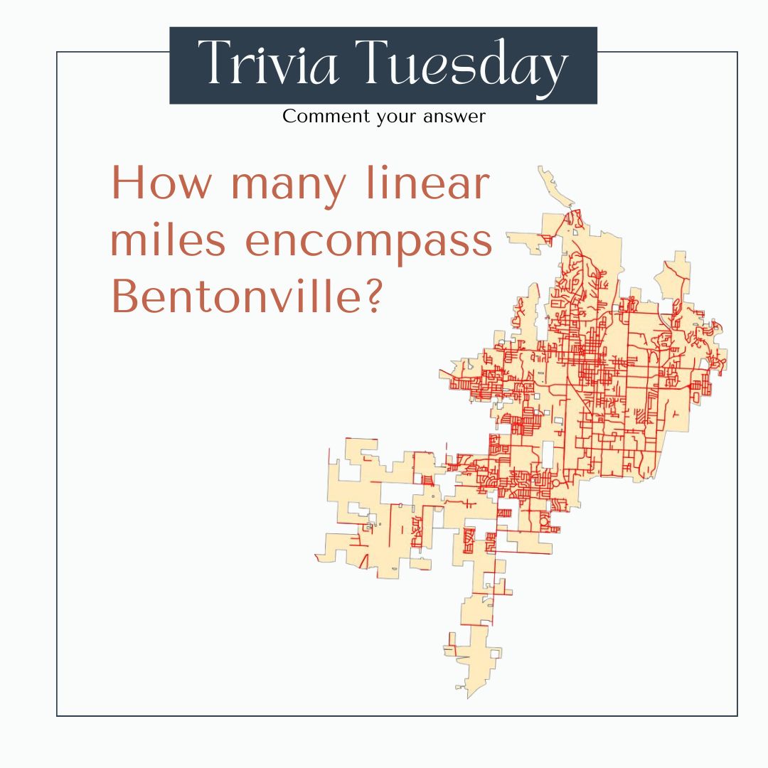 Bentonville is growing, growing, growing!

Do you know how many linear miles encompass Bentonville?

#Bentonville150 #150andstrong #TriviaTuesday #GIS