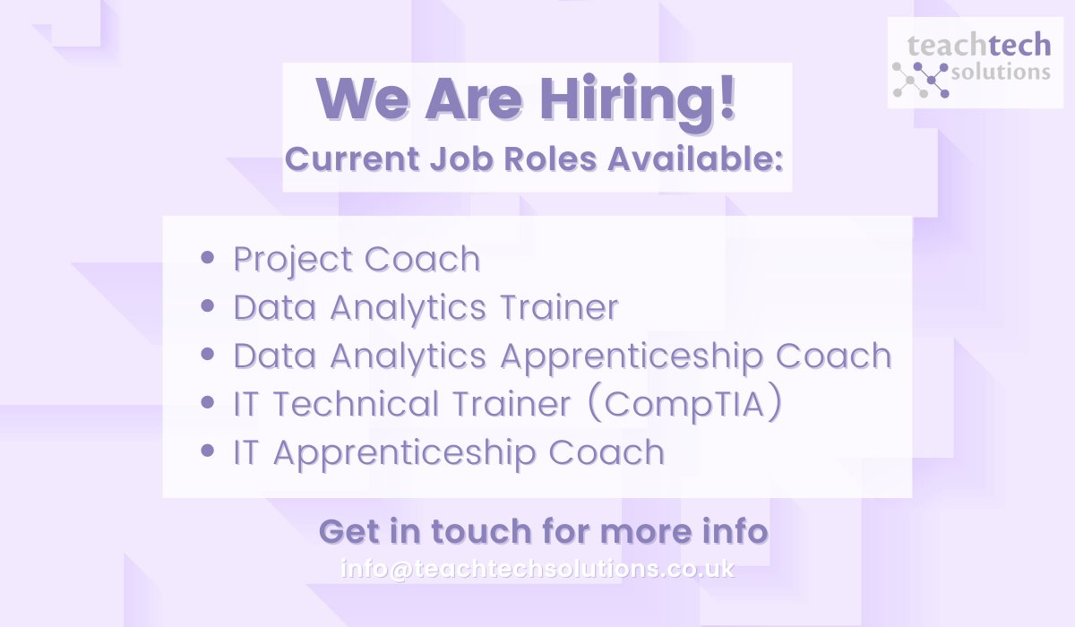 TeachTech_UK's tweet image. Take a look at our live vacancies for this week 👇

Reach out with your CV to info@teachtechsolutions.co.uk and we can pop you in touch with one of our awesome consultants. 👩‍💻

#recruitment #teachtech #jobs #getintouch #vacancies #newjobalert