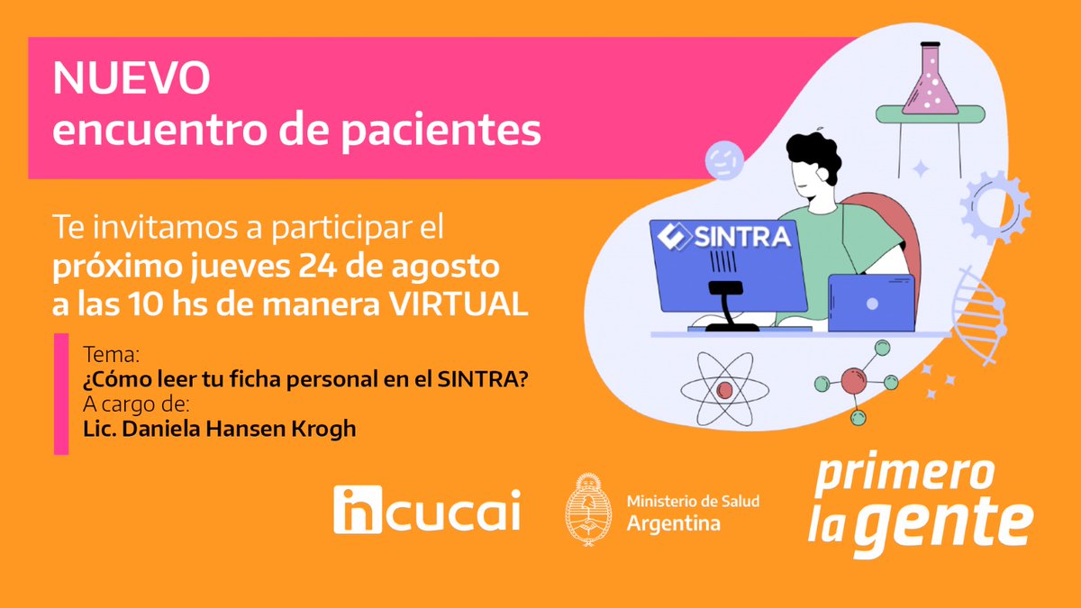 ⏰ Este jueves 24 de agosto a las 10 am te invitamos a participar del encuentro virtual para pacientes de Incucai 🫂

El tema principal será cómo leer tu ficha personal en el Sistema Informático SINTRA 📲

📌 Link al encuentro 👇🏽 bit.ly/EncuentrodePac…

Te esperamos!