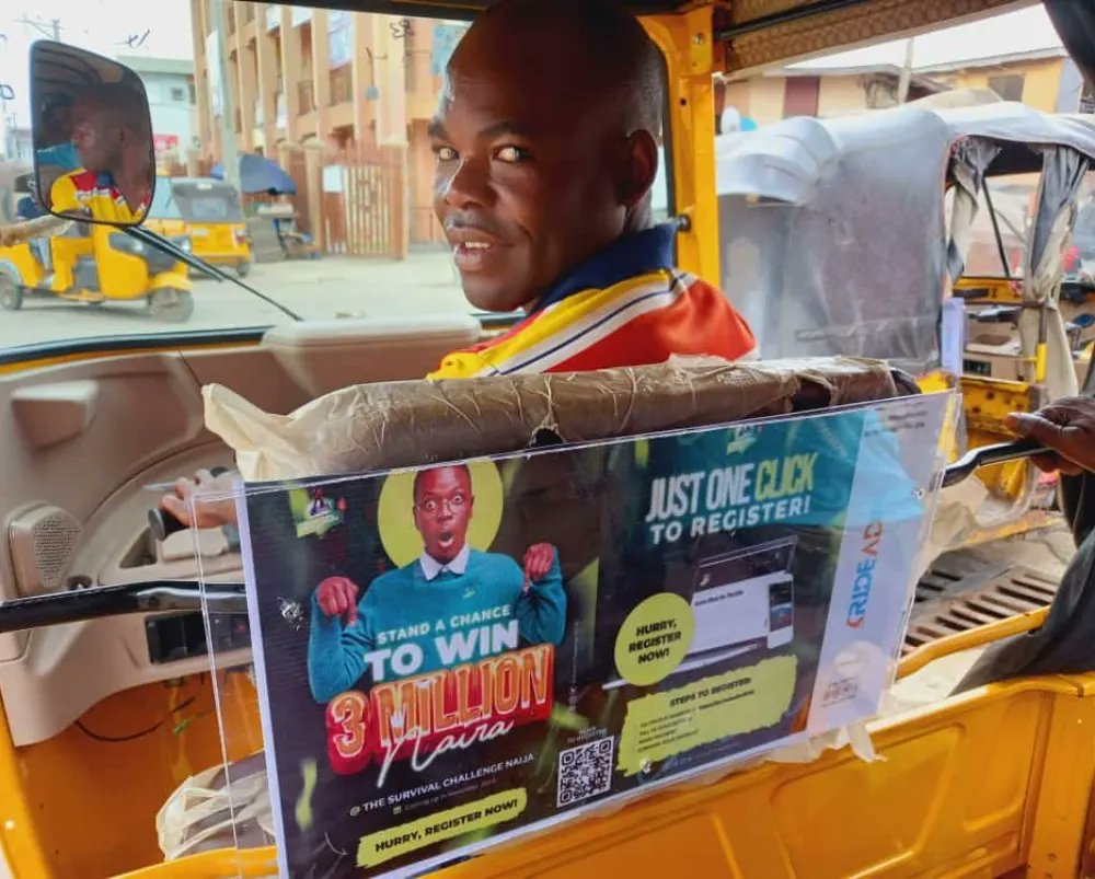 the_ridead's tweet photo. Survival challenge naija campaigns have been deployed across Lagos, Nigeria where you stand a chance to win 3 million naira. Each time you board a tricycle, scan the QR code to engage. #RideAD #advertising take your brand on trip. #gamescom2023 #BRICS #BBNaijaAllStars https://t.co/DiMiW7ul6f