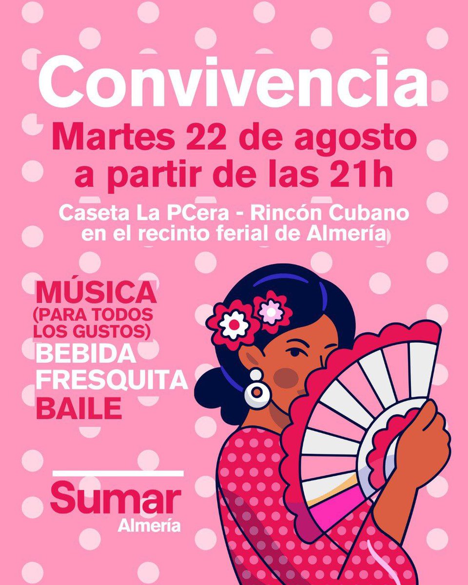 ✨ ¡Es hoy! ✨

💃 Nos vemos a partir de las 21h en la PCera El Rincón Cubano.

#Sumar #Almería #Convivencia