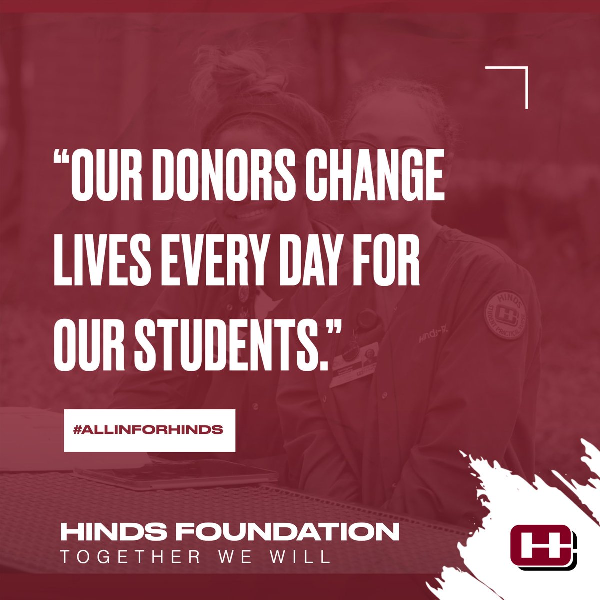 𝙒𝙚'𝙧𝙚 𝙗𝙚𝙩𝙩𝙚𝙧 𝙩𝙤𝙜𝙚𝙩𝙝𝙚𝙧! #AllInForHinds 

Give Today: foundation.hindscc.edu/giving