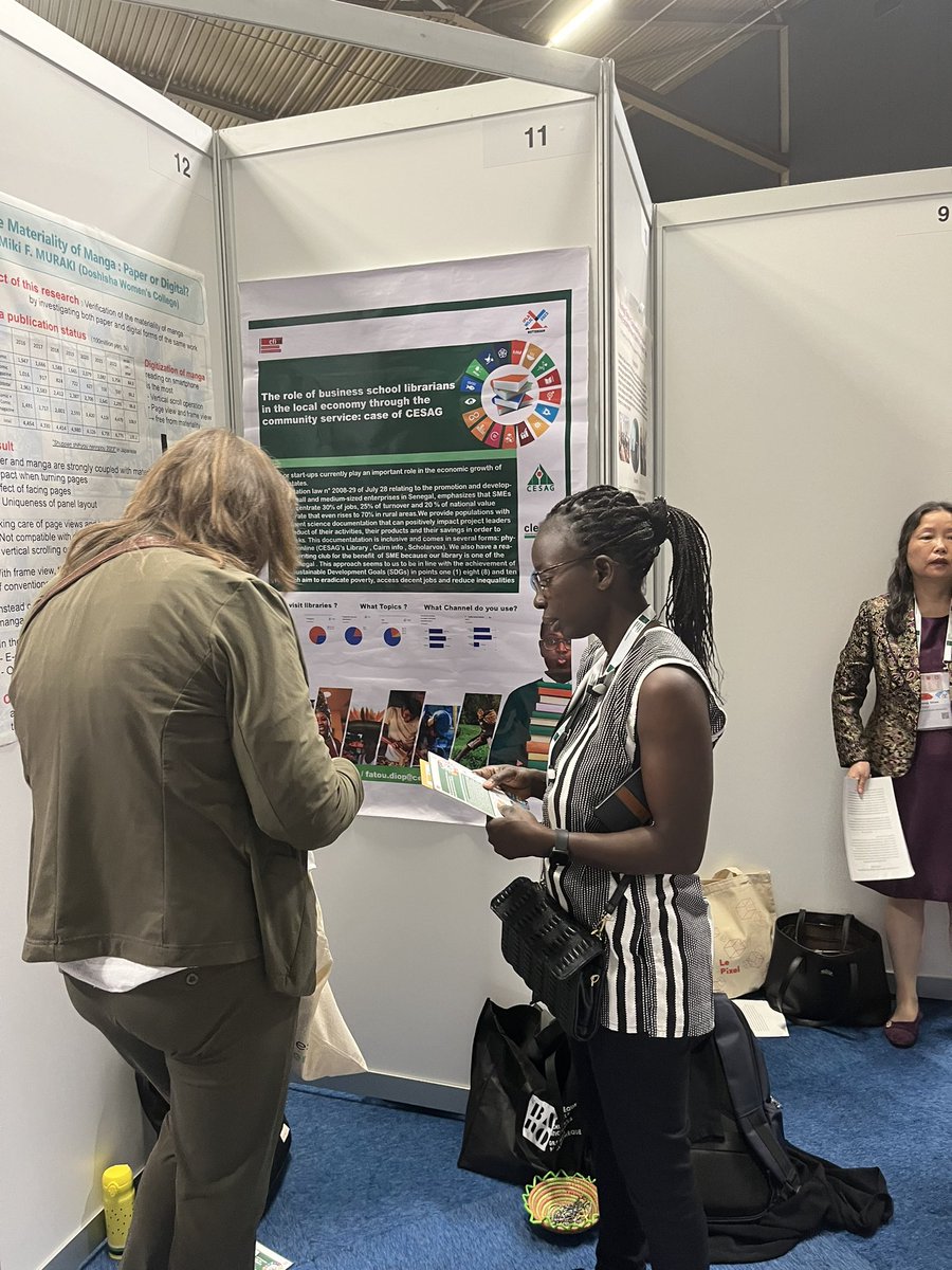 cfibd's tweet photo. Fatou Diop, boursière du Cfibd, présente un poster sur l’apport des bibliothèques d’écoles de commerce – notamment celle du #CESAG de Dakar – pour le développement économique local en lien avec les #SDG.
#WLIC2023 https://t.co/8PwgvMx84j
