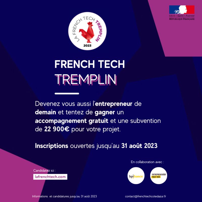 Jeunes ou futurs entrepreneurs vous avez jusqu'au 31 août pour candidater à French Tech Tremplin et tentez de gagner un accompagnement gratuit et une subvention de 22 900€ pour votre projet 👉 lafrenchtech.com/fr/la-france-a…