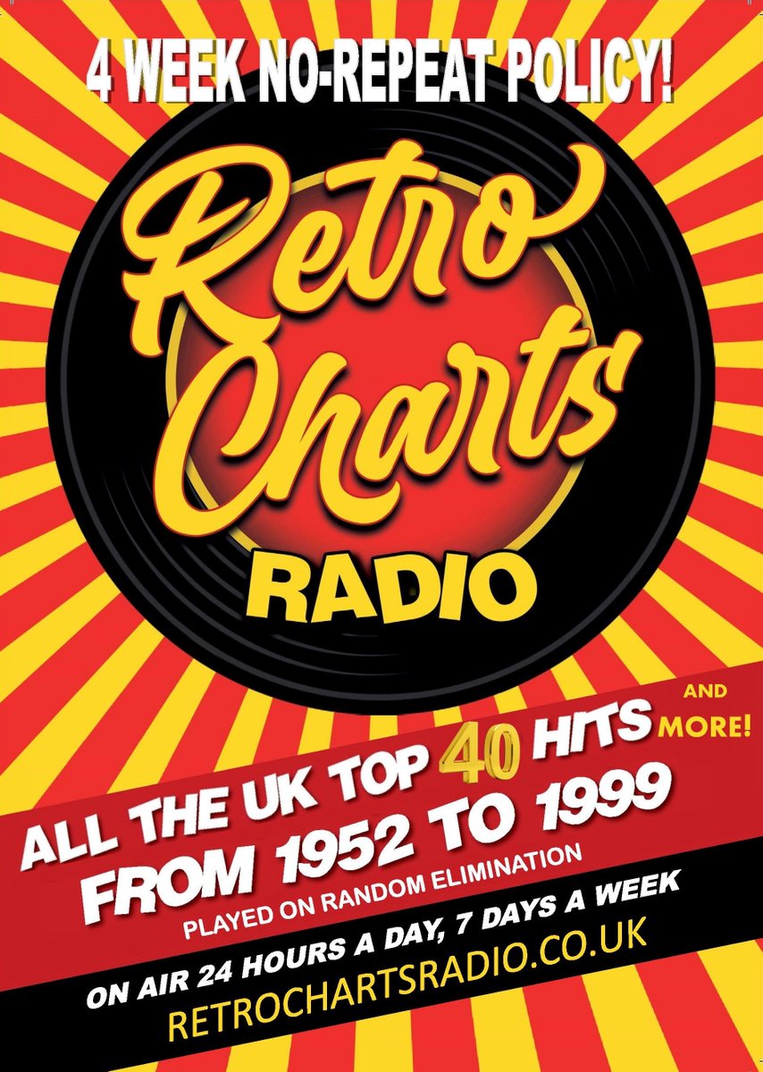 If you listened to Retro Charts Radio for 24 hours a day for 4 weeks, you wouldn't hear the same hit twice! retrochartsradio.co.uk Top 40 Hits from 1952-1999 on an equal playing field. #RippingUpTheRadioRuleBook #HitsThatRadioForgot #HistoryInTheMaking