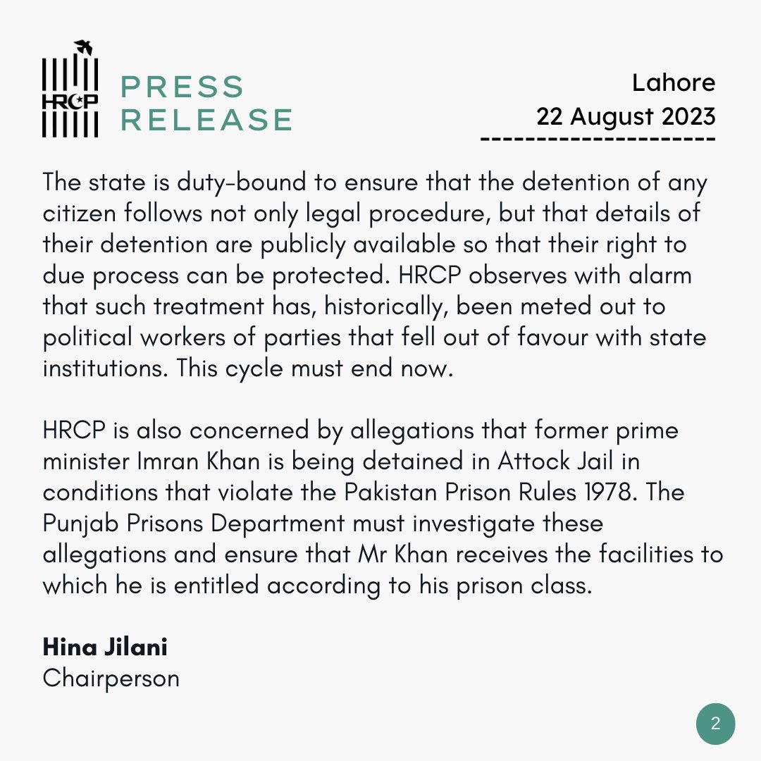 We are deeply concerned by the lack of transparency surrounding the continued detention of women associated with the @PTIofficial, who were arrested following the 9 May riots. hrcp-web.org/hrcpweb/hrcp-c…