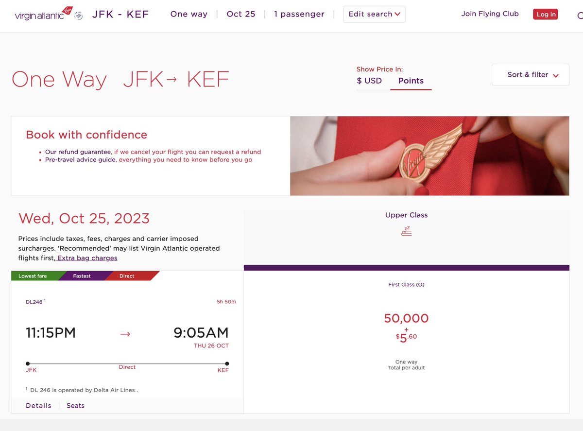 🛫 JFK to Reykjavik 🇮🇸
💺 Delta Business Class
👥 9 seats 
📆 10/25
💳 50k points + $6 via Virgin Atlantic 
💻 found via seats.aero

Save 20% on seats.aero Pro with our podcast’s special promo code: youtu.be/TLpjHD7Ejn8