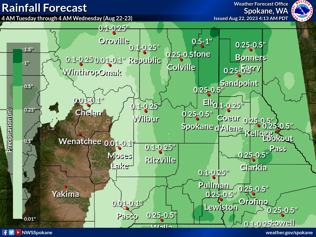 NWSSpokane's tweet photo. 🌧Here's a rainfall forecast for today. 

Thanks to those that did a rain dance.
#wawx #idwx https://t.co/WuKFxihhdL