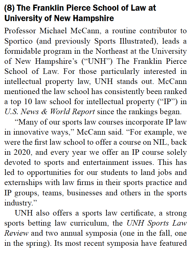 McCannSportsLaw's tweet photo. Honored to see @UNHLaw's Sports Law Program ranked among the 20 best law schools in the United States with a focus on sports law by Sports Litigation Alert. This recognition is a testament to our amazing alumni and students, and support by the law school, Dean @megancarpenter, famed attorney, author and distinguished alumnus @djwood1976, @UofNH and many others. Thank you! https://t.co/anRsaD6YwG