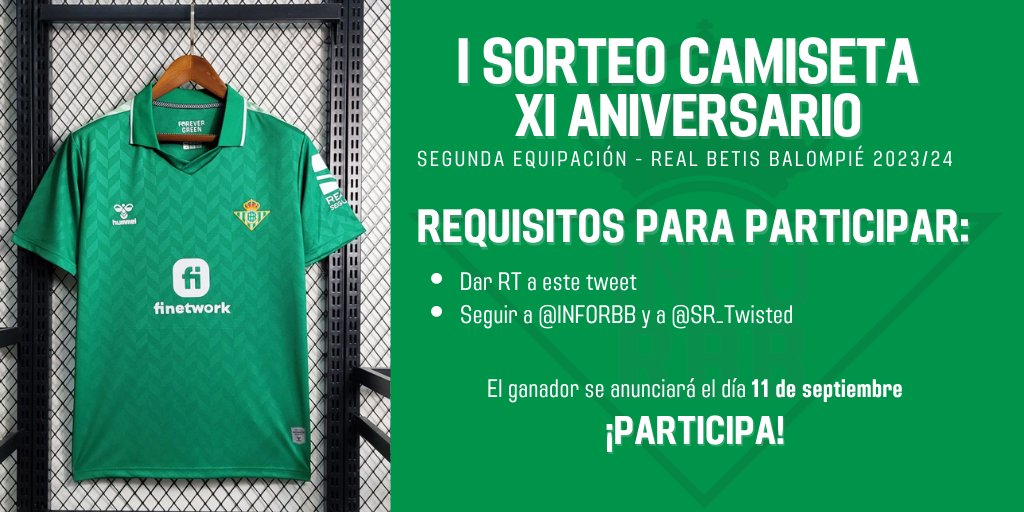 InfoRBB's tweet photo. 🚨🚨🟢🟢

¿Quieres una camiseta (segunda equipación) del Real Betis? Para poder conseguirla:

- Da RT a este tweet
- Sigue a @InfoRBB y @Sr_Twisted 

Ganador: 11 de septiembre.

#XIAniversarioInfoRBB https://t.co/JnOqTyplYP