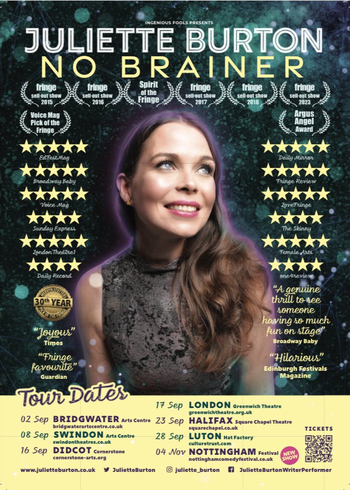 🚨 TOUR ANNOUNCEMENT 
<a href="/JulietteBurton/">Juliette Burton FOLLOW ME ON BLUESKY</a>: No Brainer 
Not another awareness raising show, but a change-making show. Come and laugh and learn! ★★★★ One4Review
"A genuine thrill to see someone having so much fun on stage." Broadway Baby 
Tix: julietteburton.co.uk 
<a href="/ace_national/">Arts Council England</a>