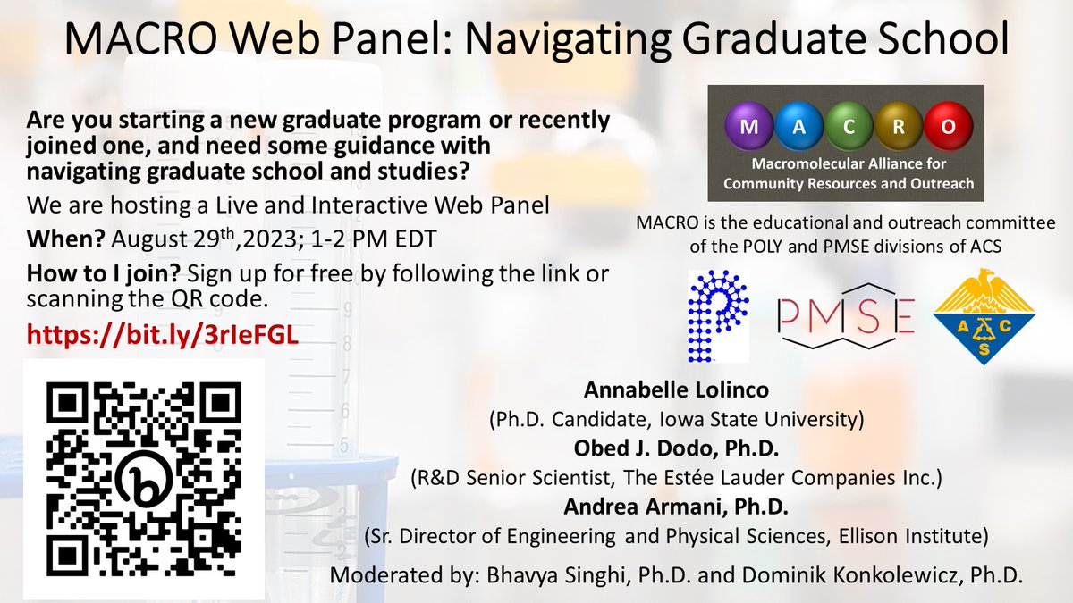 Graduate students and those interested. MACRO @POLY_ACS and @acspmse is hosting a webpanel on Navigating Graduate Studies, 1PM EDT Next Tues Aug 29. Free to register and participate! We have 3 fantastic panelists @Obed_J_Dodo @ProfArmani and @VivaceBelles american-chemical-society.zoom.us/webinar/regist…