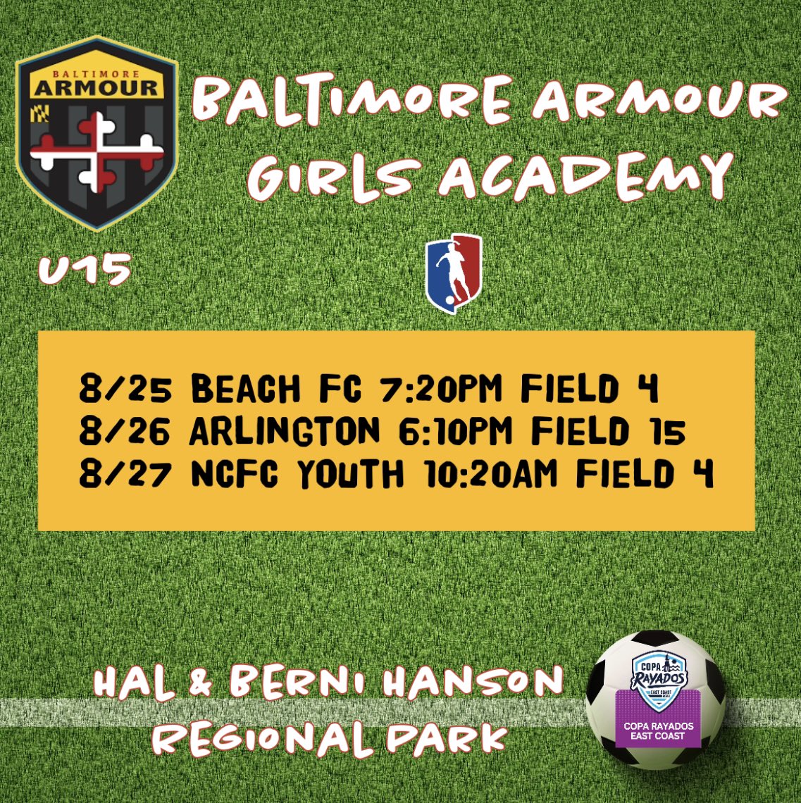 📣The Copa Rayados East Coast Premier Cup starts on Friday with some exciting match-ups! Check out the U13 - U15 schedules ⬇️. Go Armour! 💪 <a href="/bmorearmour/">Baltimore Armour</a> <a href="/GAcademyLeague/">Girls Academy</a> <a href="/ImYouthSoccer/">ECNL/GA/Recruiting/College Soccer</a> @SoccerMomInt <a href="/BaltNGSoccer/">Baltimore's NextGen</a> <a href="/TopDrawerSoccer/">TopDrawerSoccer</a> <a href="/TheSoccerWire/">SoccerWire</a>