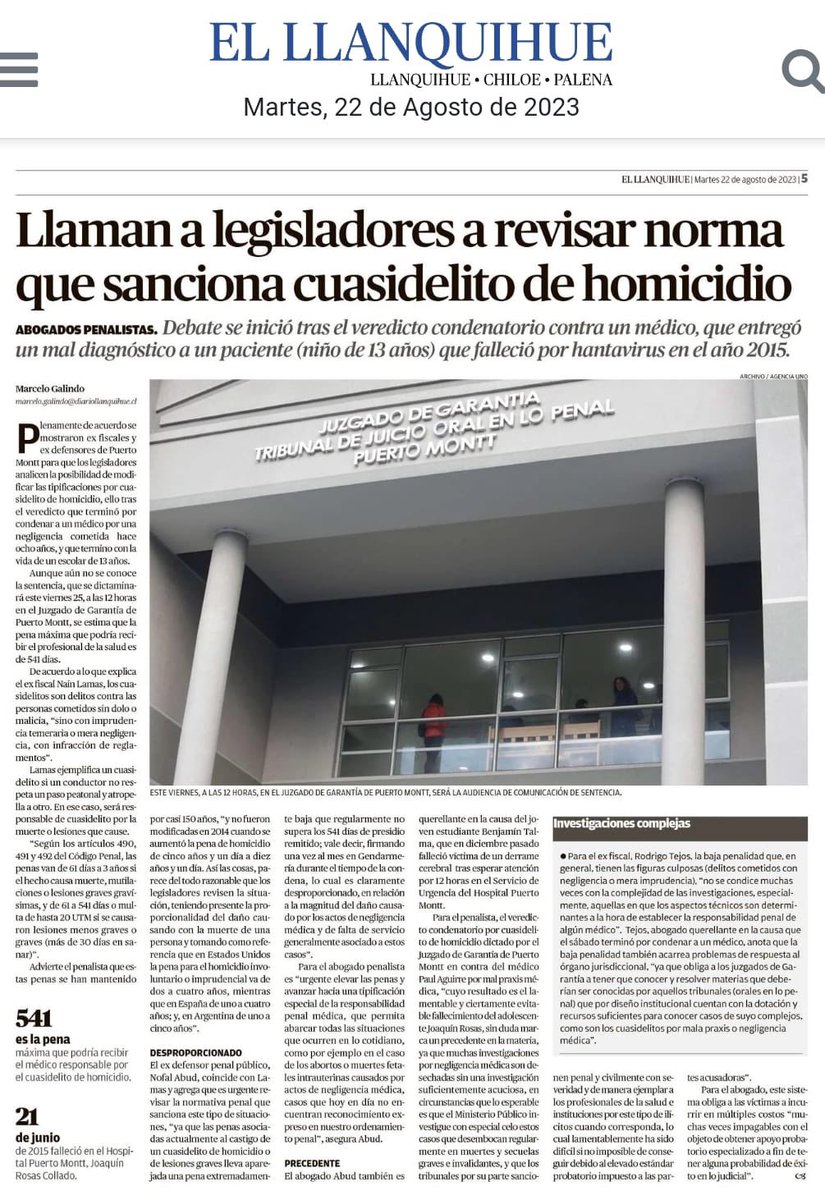 #Negligenciamedica A propósito del fallo en PMontt q condenó a un médico por mala praxis urge abrir debate acerca de si la sanción penal es proporcional cdo el resultado es la muerte del paciente y si los procedimientos y órganos competentes (JG) para conocerlos son los adecuados