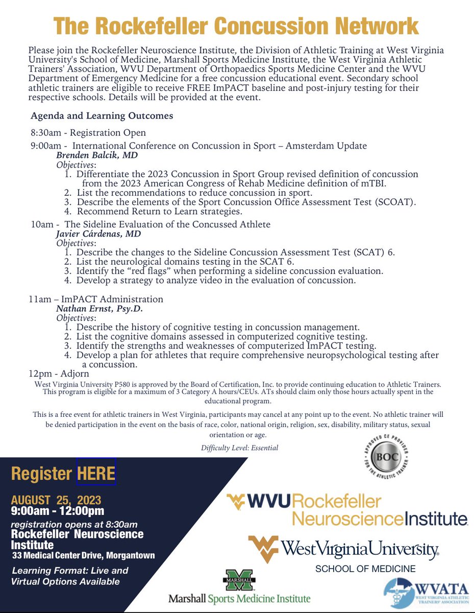 I’m incredibly exited for the 1st annual Rockefeller #Concussion Network event on Friday August 25th with our partners and friends: <a href="/WVATA1983/">West Virginia Athletic Trainers' Association</a> <a href="/MUSportsMed/">MarshallSportsMed</a> <a href="/impacttest/">ImPACT Applications</a> <a href="/WVUMedicine/">WVU Medicine</a> <a href="/WVURNI/">WVU Rockefeller Neuroscience Institute</a>