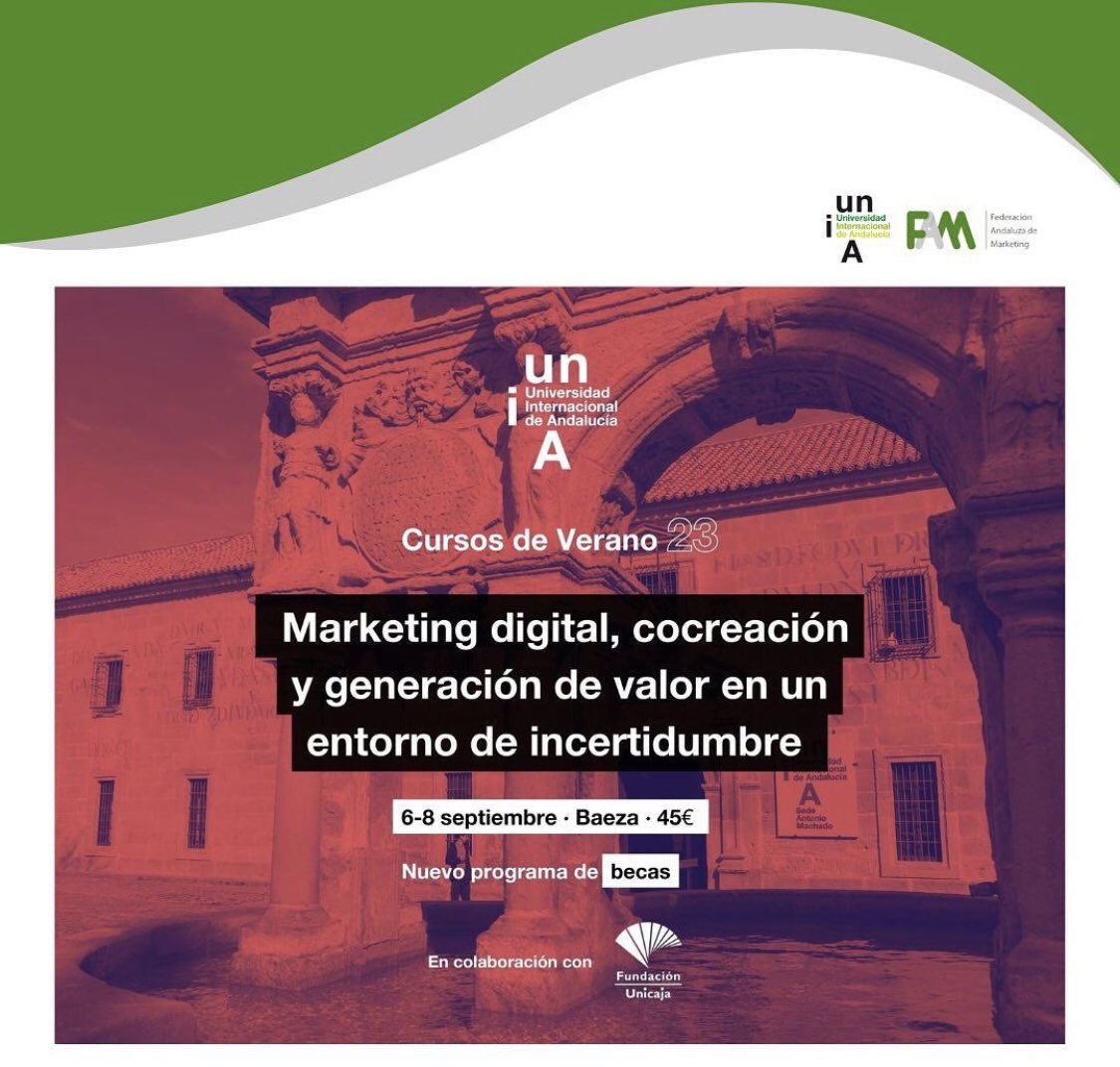 ‼️ÚLTIMAS PLAZAS ‼️⚠️INSCRÍBETE 

La @federacionandaluzademarketing junto con <a href="/uniauniversidad/">Universidad Intern. de Andalucía</a> vuelve a realizar los cursos de verano.

Este año este encuentro tratará sobre marketing digital, cocreacion y generación de valor en un entorno de incertidumbre. 

🗓6-8 septiembre2023
