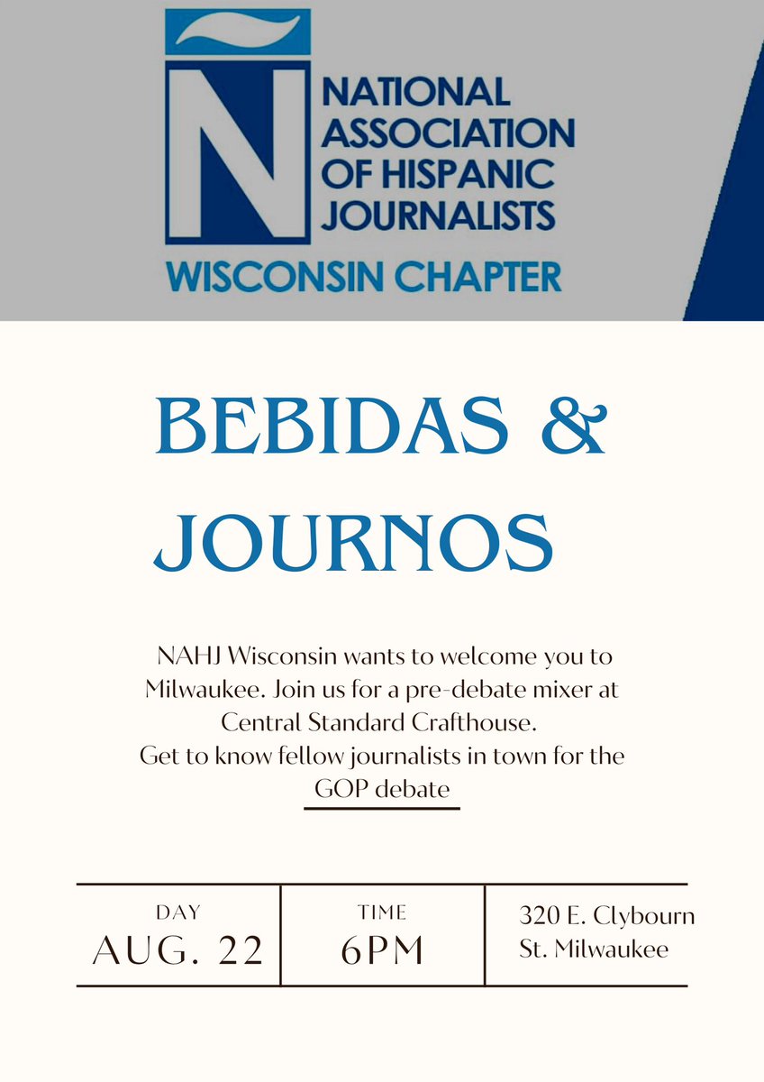 Are you a journalist currently in Milwaukee to cover the Republican presidential primary debate tomorrow????

Come do some “debate prep” 😜 with <a href="/NAHJWisconsin/">NAHJ Wisconsin</a> this evening