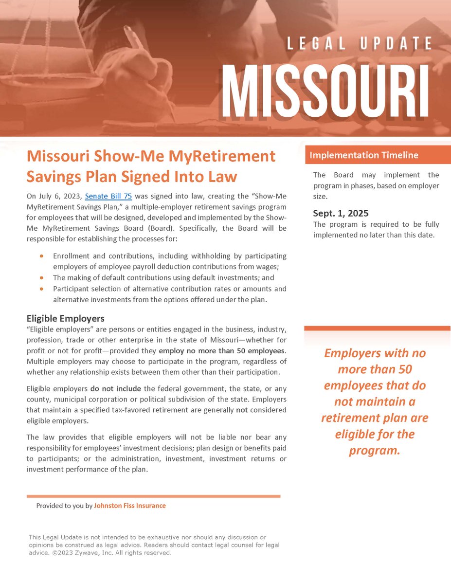 johnstonfiss's tweet image. Missouri Show-Me MyRetirement Savings Plan Signed into Law.

Employers with no more than 50 employees that do not maintain a retirement plan are eligible for the program.