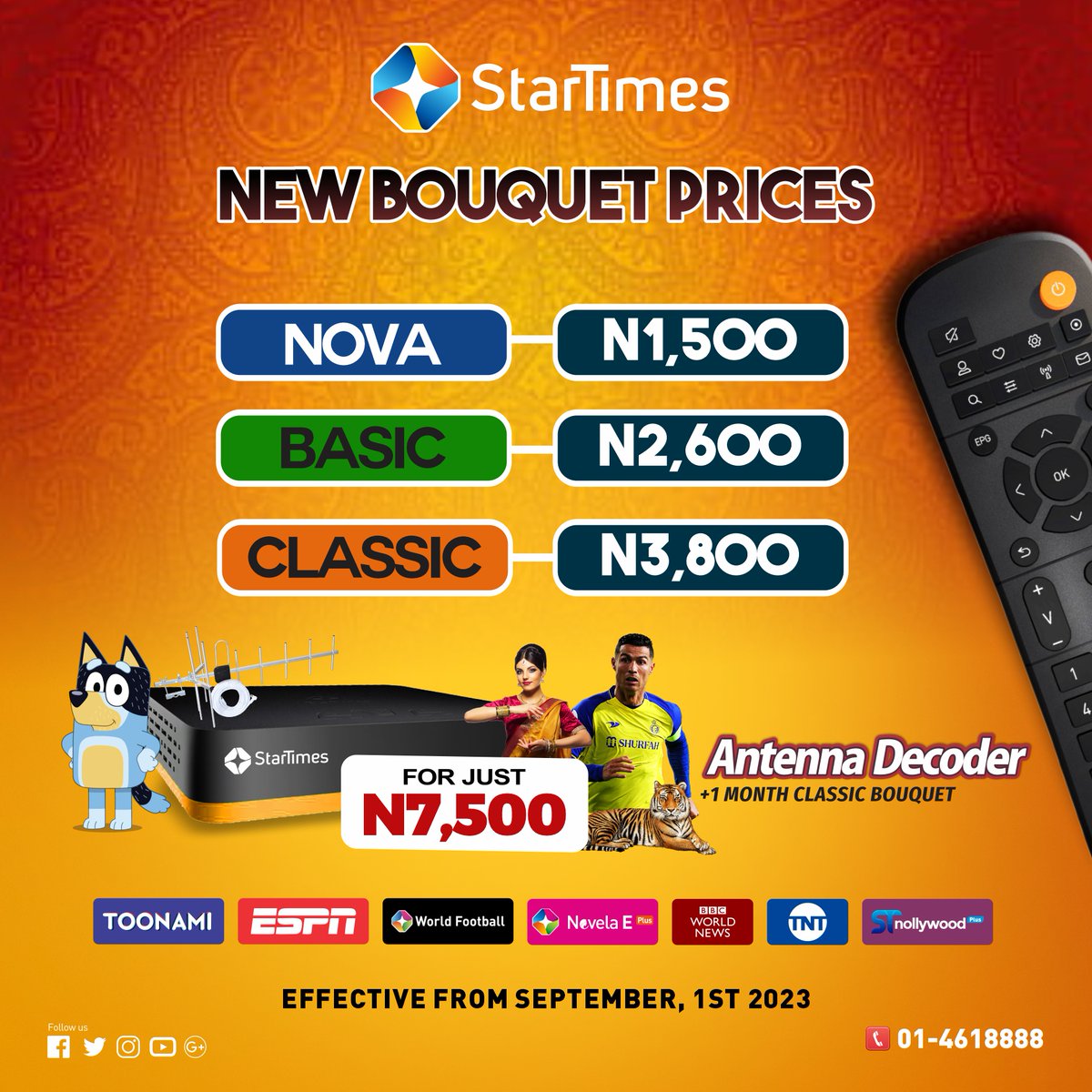 StarTimes_Ng's tweet photo. #NewPriceAlert!
Due to the realities, we are faced with as a business, these are the new bouquet prices, effective September 1.
You can keep enjoying the current bouquet prices if you recharge ahead. For example, if you want to enjoy the current prices for 12 months... https://t.co/00AgQjQOqp