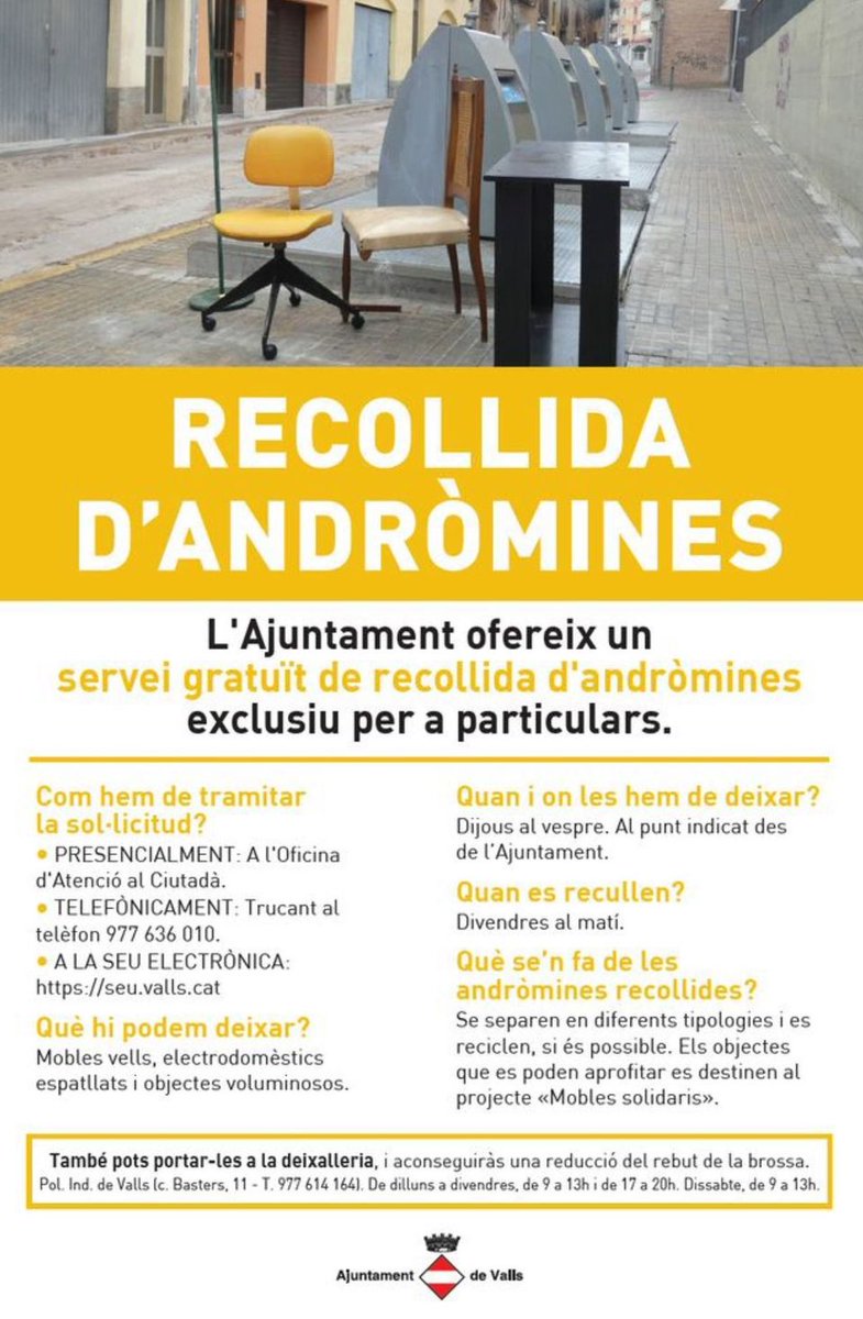 Medi Ambient | ♻️ Teniu un residu voluminós o andròmina?
📅 Les andròmines es deixen dijous al vespre al costat dels contenidors de residus acordats amb l’Ajuntament i es recullen divendres pel matí.

👇 Més informació.

#Valls