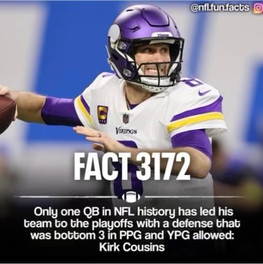 VikingsDaily's tweet photo. Fun fact: In the NFL each team has an offense and a defense. If the defense is really bad you need Kirk to make the playoffs. #Skol #Vikings https://t.co/v1adRG9PyG