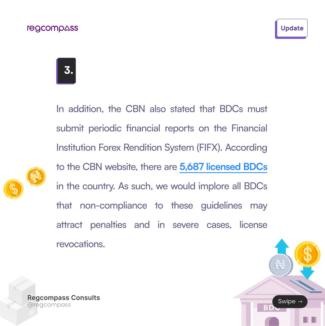 Regcompass_NG's tweet image. Bureaux de Change (BDC) are back in business after a two year ban! 

In our #RegulatoryUpdate, we highlight the new CBN guidelines set out for BDC operators.