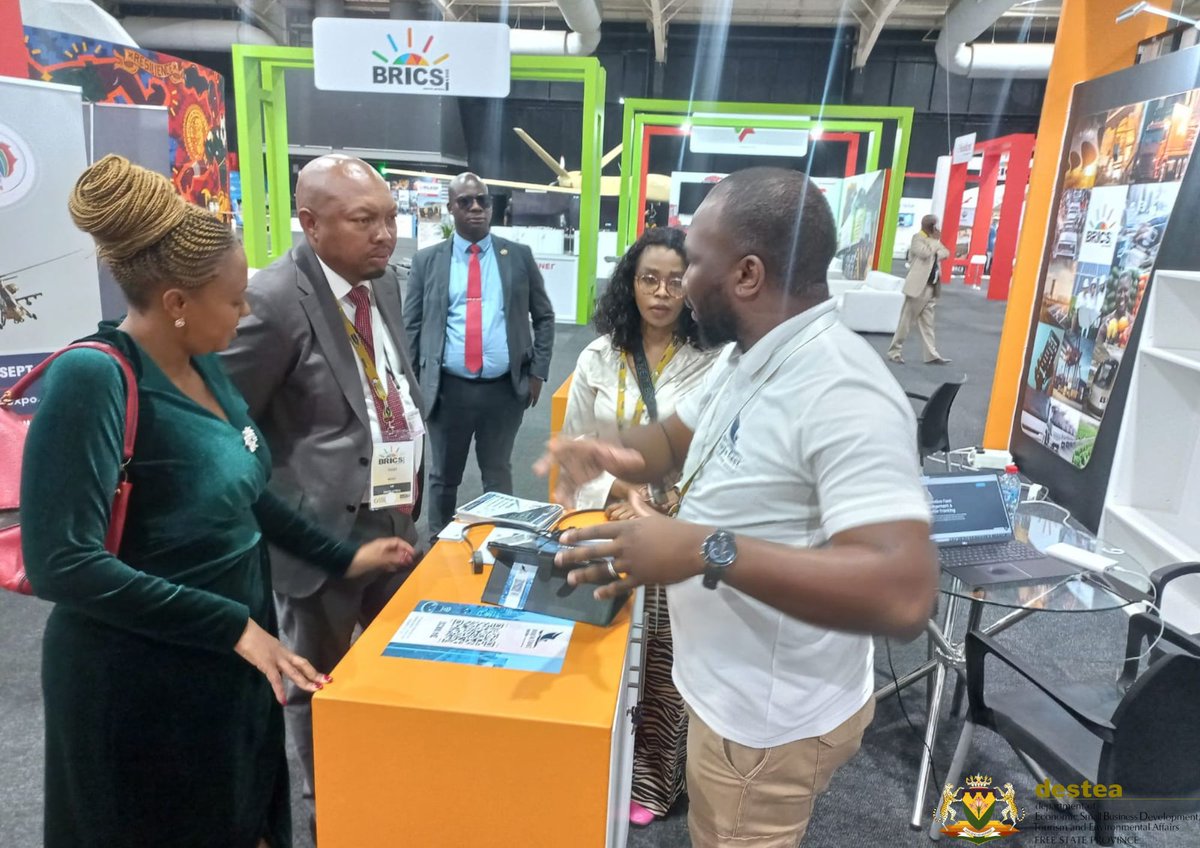 FSDESTEA's tweet photo. MEC for DESTEA, Thabo Meeko engaging with Free State exhibitors assisted by the Department to showcase their products and services at the BRCIS Trade Expo taking place in JHB.
#BRICSza #BRICSSummit2023 #DESTEA #SMMESupport https://t.co/Ic8HfQTNCS