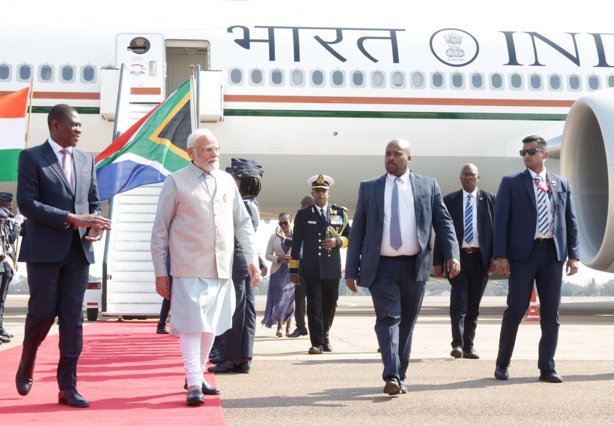 narendramodi's tweet photo. Landed in Johannesburg a short while ago. Looking forward to the various deliberations and meetings with world leaders during the BRICS Summit over the next few days. https://t.co/XzdeVySbFI