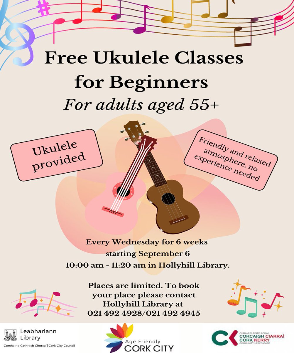 AgeFriendlyIrl's tweet photo. Ukulele Classes
Another round of ukulele classes are starting in Hollyhill Library from September 6th
#agefriendlycorkcity #hollyhilllibrary https://t.co/2IxWwdJdoK