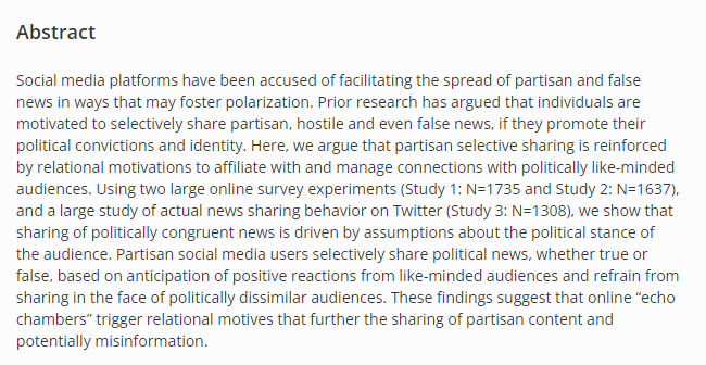 bxjaeger's tweet photo. Evidence that affiliative motives drive the sharing of fake news: 
"Partisan social media users selectively share political news, whether true or false, based on anticipation of positive reactions from like-minded audiences" @A_Marie_sci @M_B_Petersen 

https://t.co/4OEyklSk6B https://t.co/GIGnp6n2hR