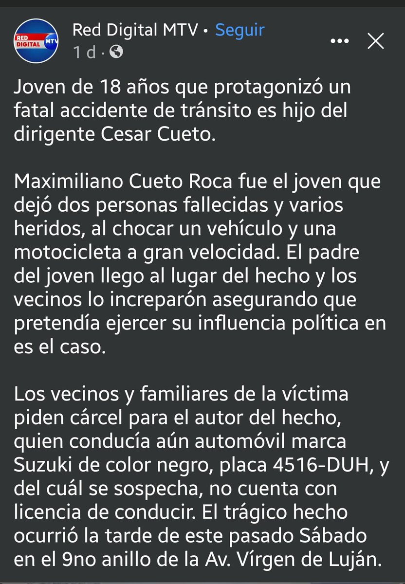 Solecita_2's tweet photo. Un asesino de dos personas entre ellas un menor de edad es liberado porque su papi es un dirigente masista.
Si la justicia condena a una persona por atropellar a un perrito, ¿por qué no actúa de la misma forma en este caso?.
#NoSomosIgualesAnteLaLey
#BoliviaSinJusticia https://t.co/f0o4UCf7Bn