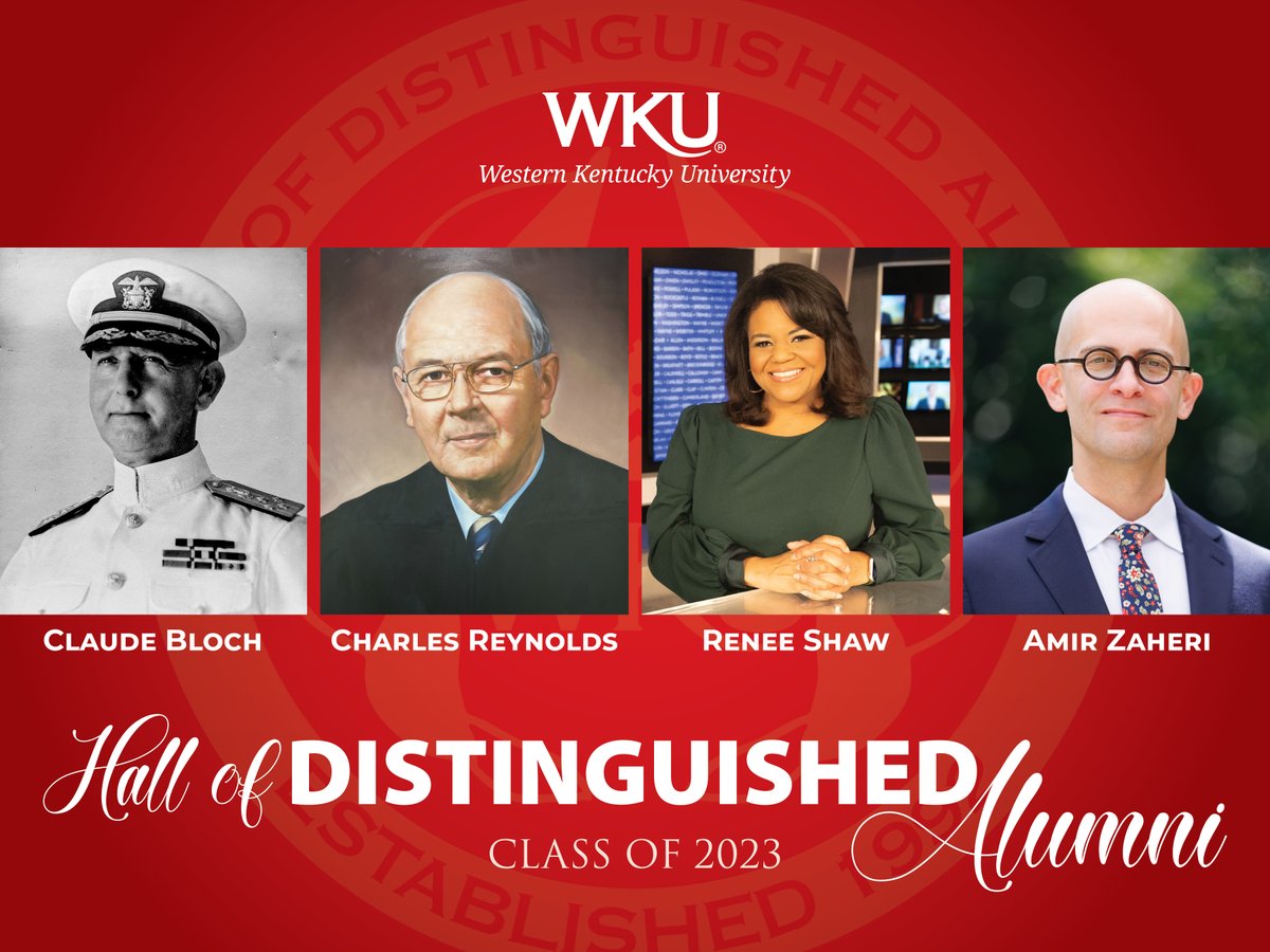 The late Adm. Claude Charles Bloch, the late Justice Charles H. Reynolds, Renee Shaw and Dr. Amir Zaheri will join <a href="/wku/">Western Kentucky University</a>'s Hall of Distinguished Alumni during the 2023 Homecoming Celebration: bit.ly/47wv9Ch.
#WKUAlumni #WKUHC2023
@WkuOgden <a href="/WKUGordonFord/">WKU Gordon Ford</a> <a href="/WKUPcal/">WKU Potter College of Arts & Letters</a>