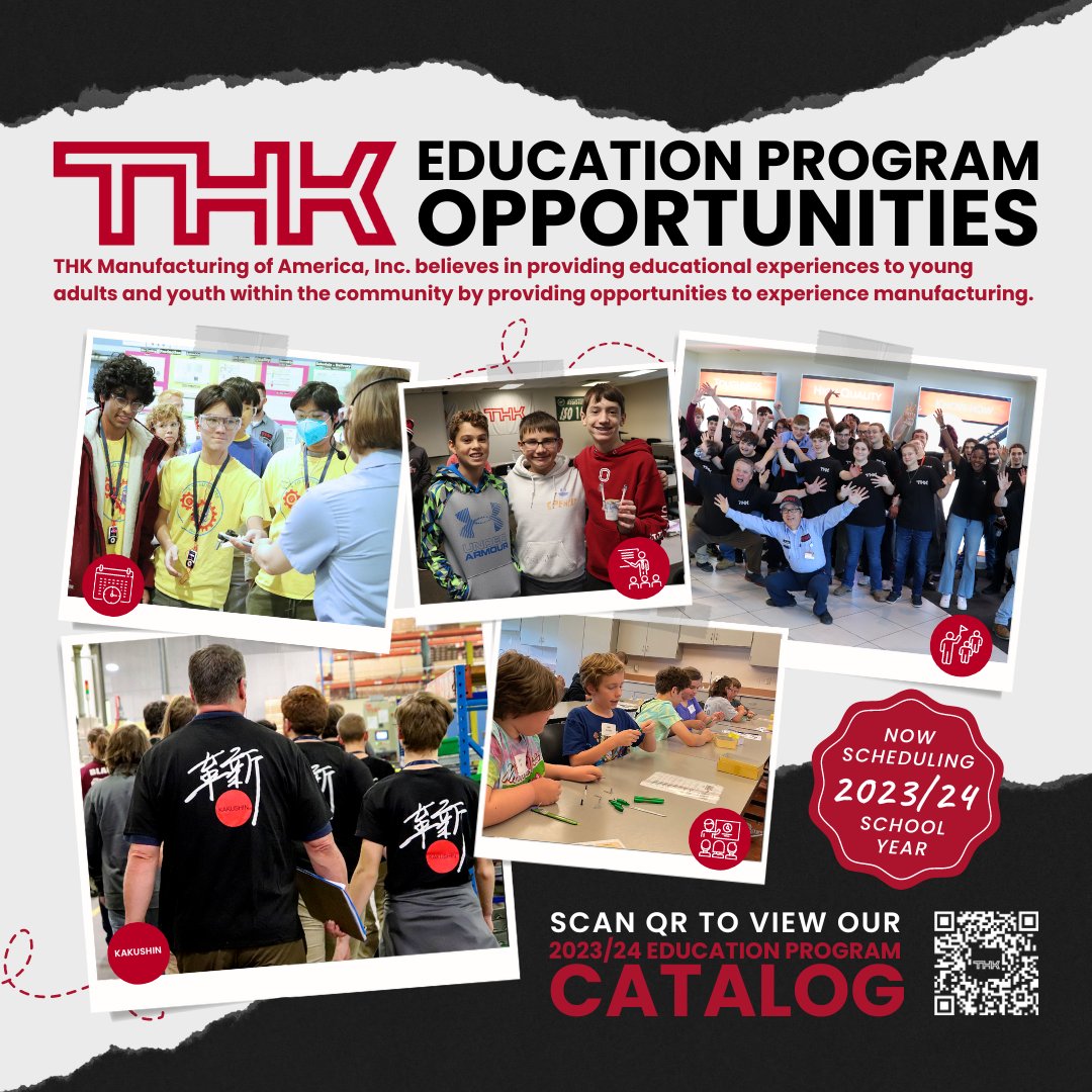 #THK’s Education Outreach Program 🍎 is BACK for the 2023-24 #school year! 🙌 ⚙✏️ For a closer look at what our program offers, please visit our 2023 #Education Catalog (adobe.ly/47El1Y1#) TODAY! Questions? Contact Curt Ashcraft at cashcraft@tma.thk.com. #educationprogram