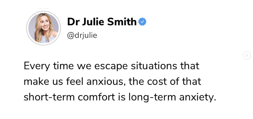 drjuliesmith's tweet photo. Who else has noticed that instant hit of relief from anxiety the moment you decide to avoid that thing you feel anxious about? https://t.co/yznvBelSWi