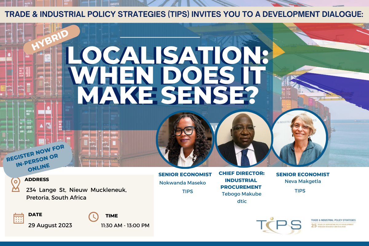 When does Localisation make sense?  To answer this question, register to join for the upcoming Tips and dtic webinar! 

Don't miss out!  🔗bit.ly/3soBQWY  

 #IndustrialPolicy #ImportLocalisation  #Industrialisation #Supplychaindisruptions