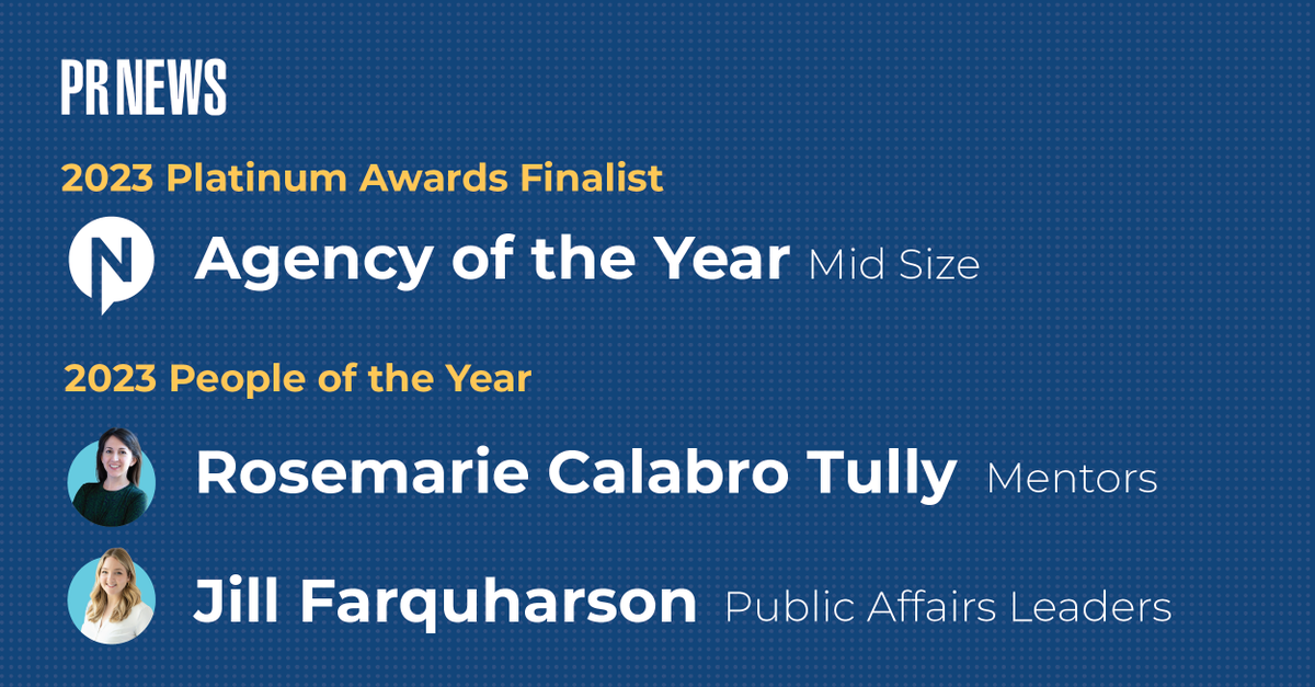 NRTVStrategies's tweet photo. Narrative is pleased to announce we are a finalist for @PRNews Platinum Awards Mid-Size Agency of the Year. Additionally, Partner @RCalabroTully &amp; Managing Director @jillmfarq were named People of the Year for Mentors and Public Affairs Leaders, respectively. #TeamNarrative https://t.co/L3KMb5GTrE
